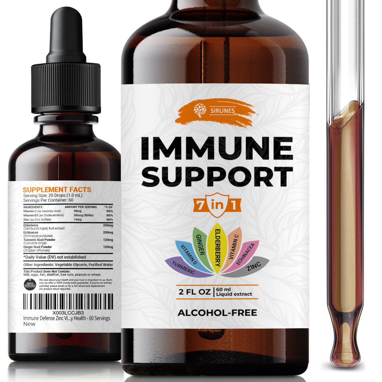 7in1 Immune Defense Zinc Vitamin C D3 Liquid Immune Support with Echinacea Turmeric Ginger and Elderberry - Immunity Respiratory Health 2oz