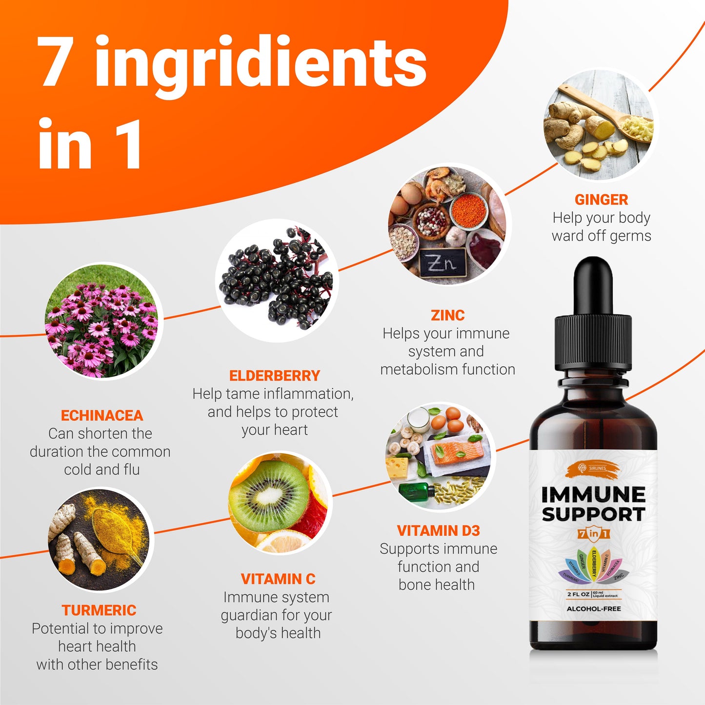 7in1 Immune Defense Zinc Vitamin C D3 Liquid Immune Support with Echinacea Turmeric Ginger and Elderberry - Immunity Respiratory Health 2oz