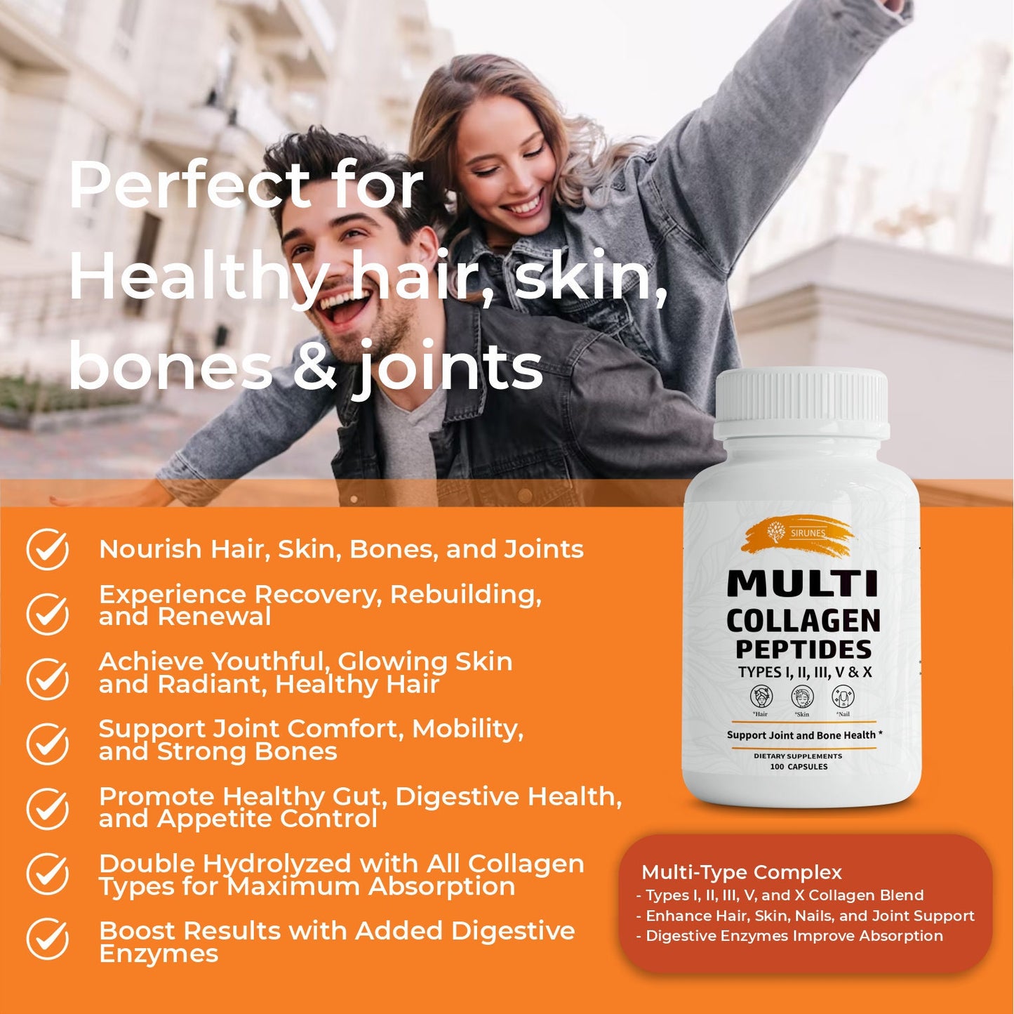 Multi Collagen Peptides Type I, II, III, V, X Hydrolyzed Collagen with Vitamin C - Supports Healthy Hair, Skin, Nails, & Joints 120Caps