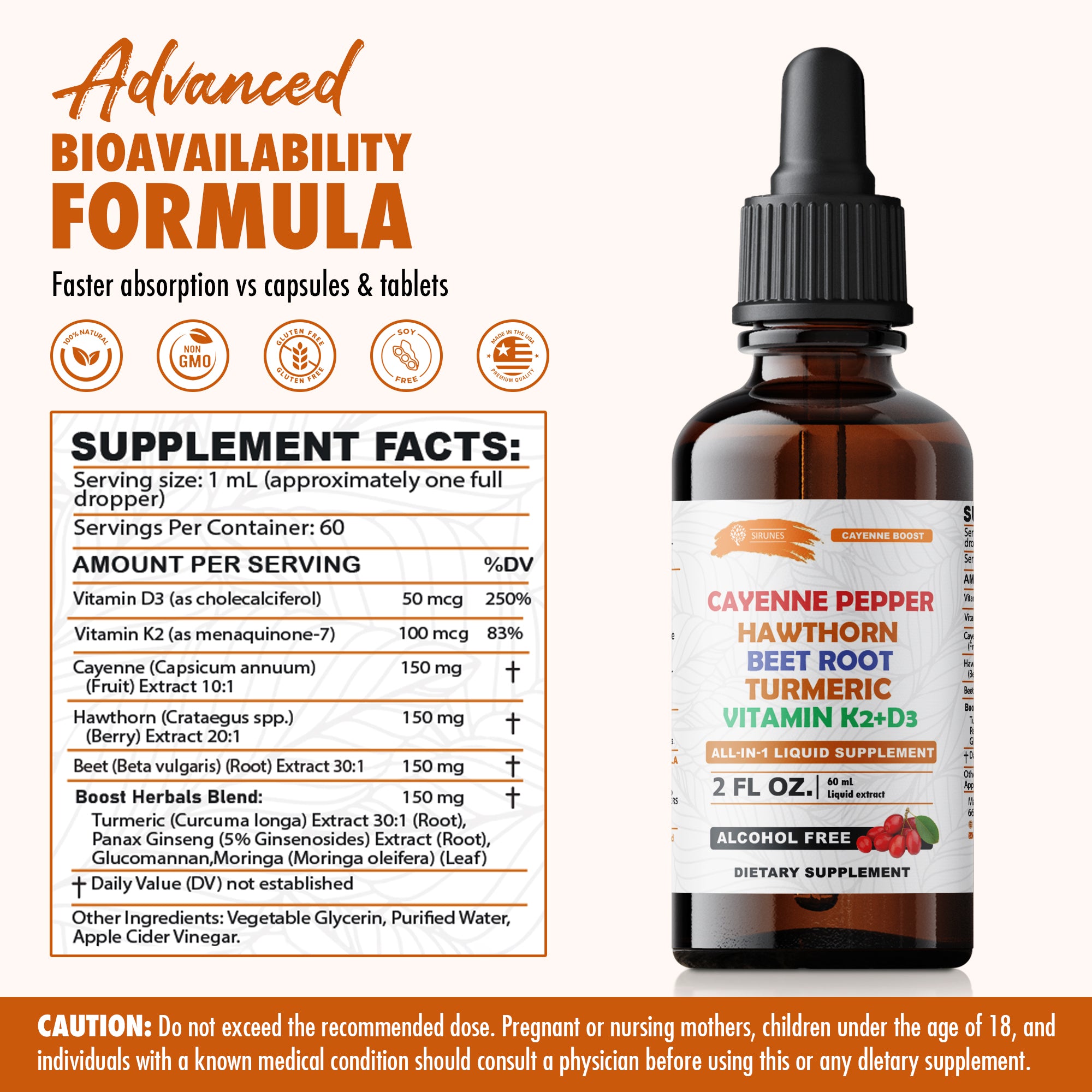 Cayenne Pepper Drops with Hawthorn Beet Root Turmeric Vitamin K2+D3