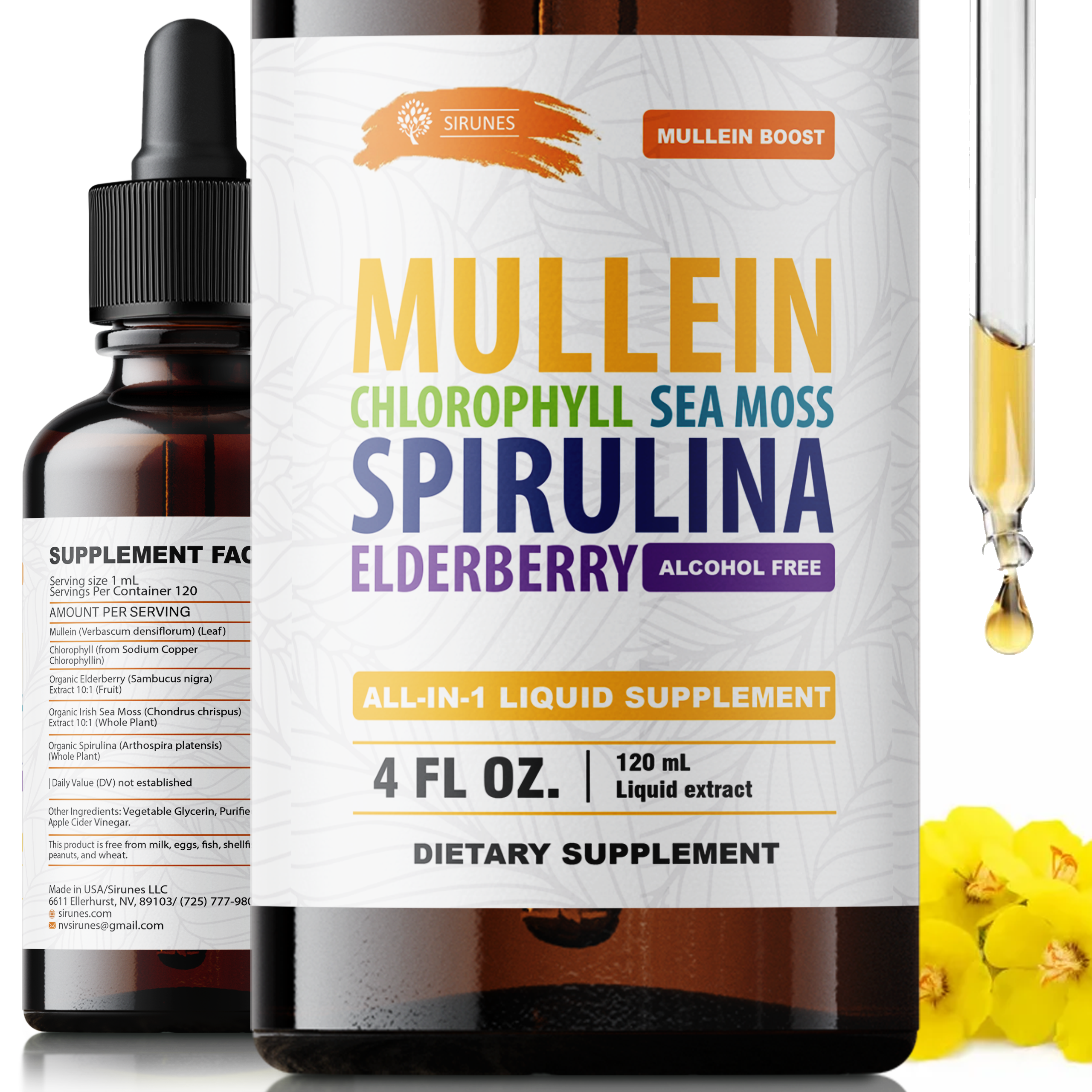 Mullein drops for respiratory support liquid supplement with ingredients like elderberry and spirulina.