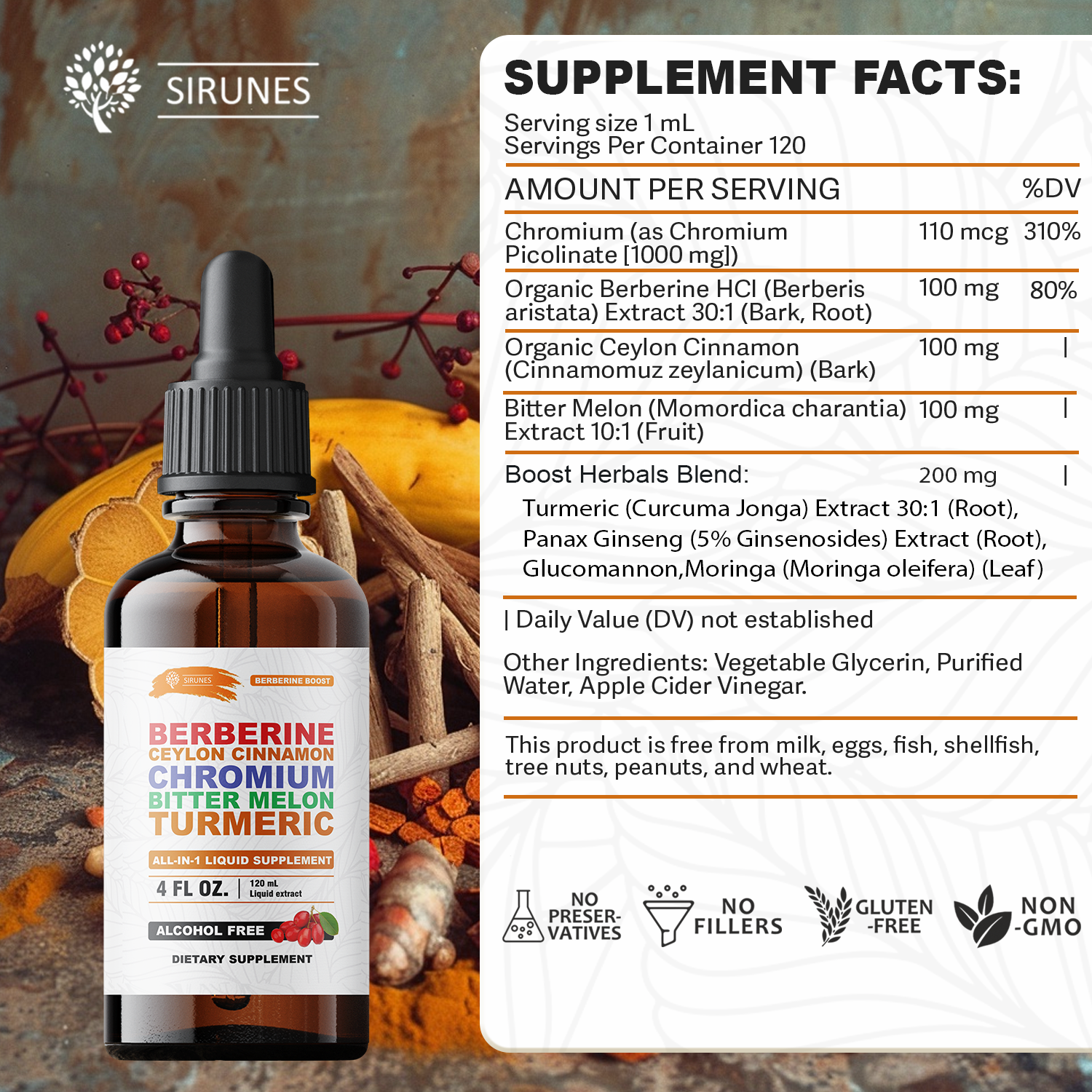 Berberine Drops – Berberine with Ceylon Cinnamon Drops, Liquid Herbal Supplement with Turmeric, Bitter Melon & Chromium, Alcohol-Free, 4 fl oz