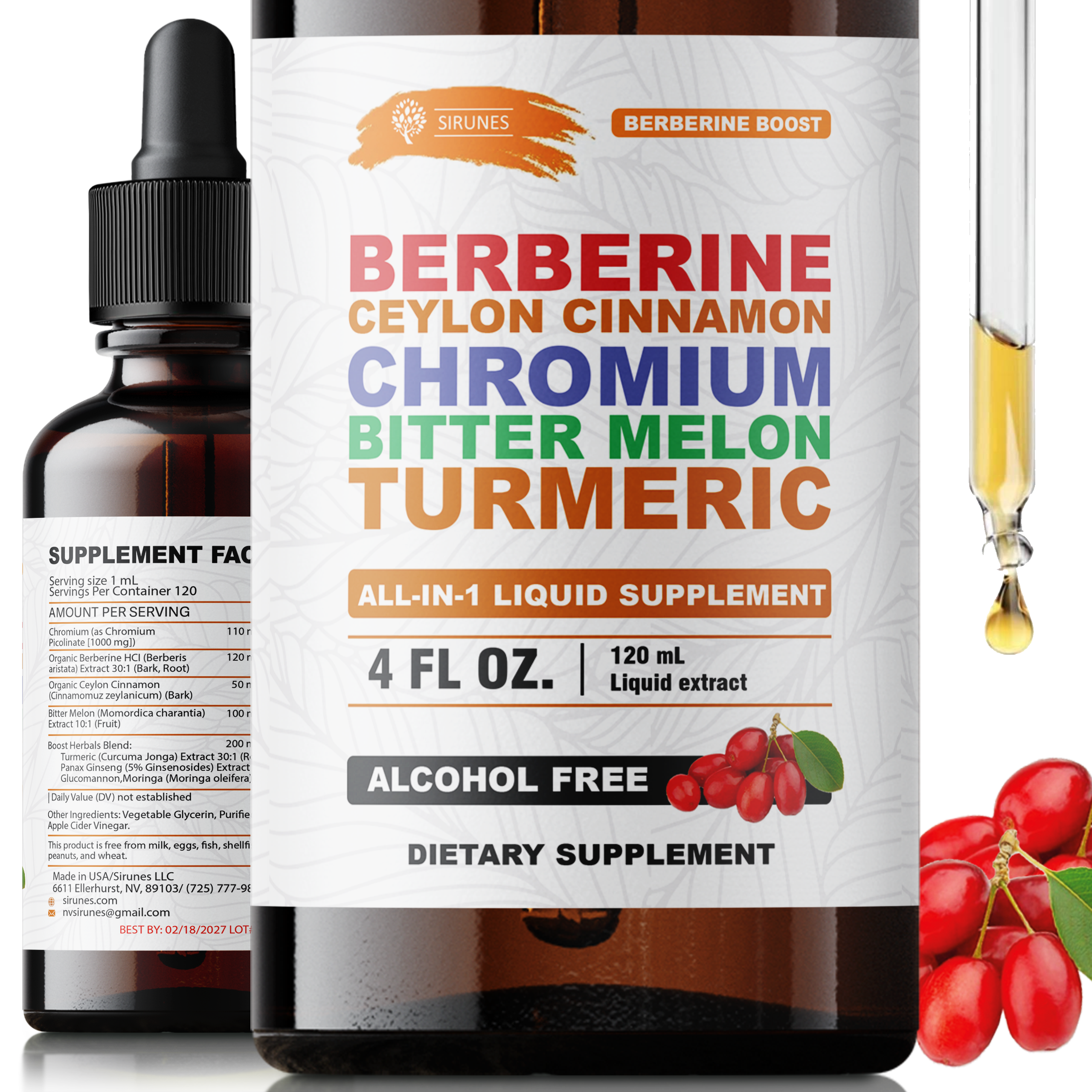 Berberine Drops – Berberine with Ceylon Cinnamon Drops, Liquid Herbal Supplement with Turmeric, Bitter Melon & Chromium, Alcohol-Free, 4 fl oz
