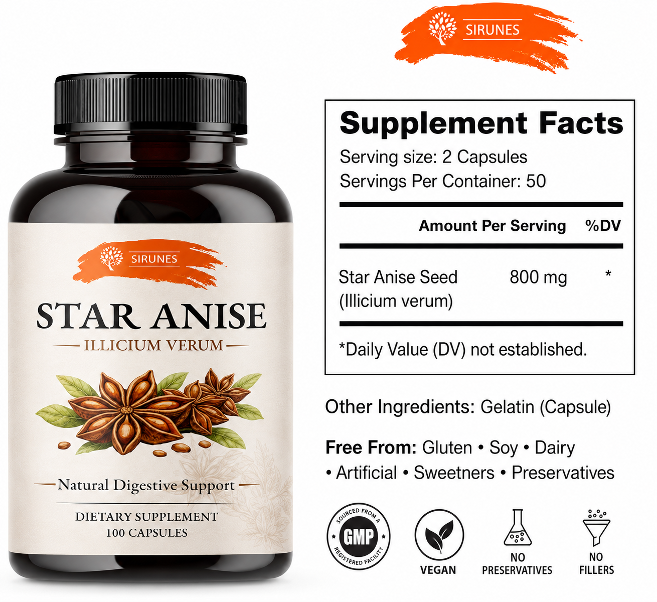 Star Anise Capsules (Illicium Verum) – 800 mg per Serving, 400 mg per Capsule