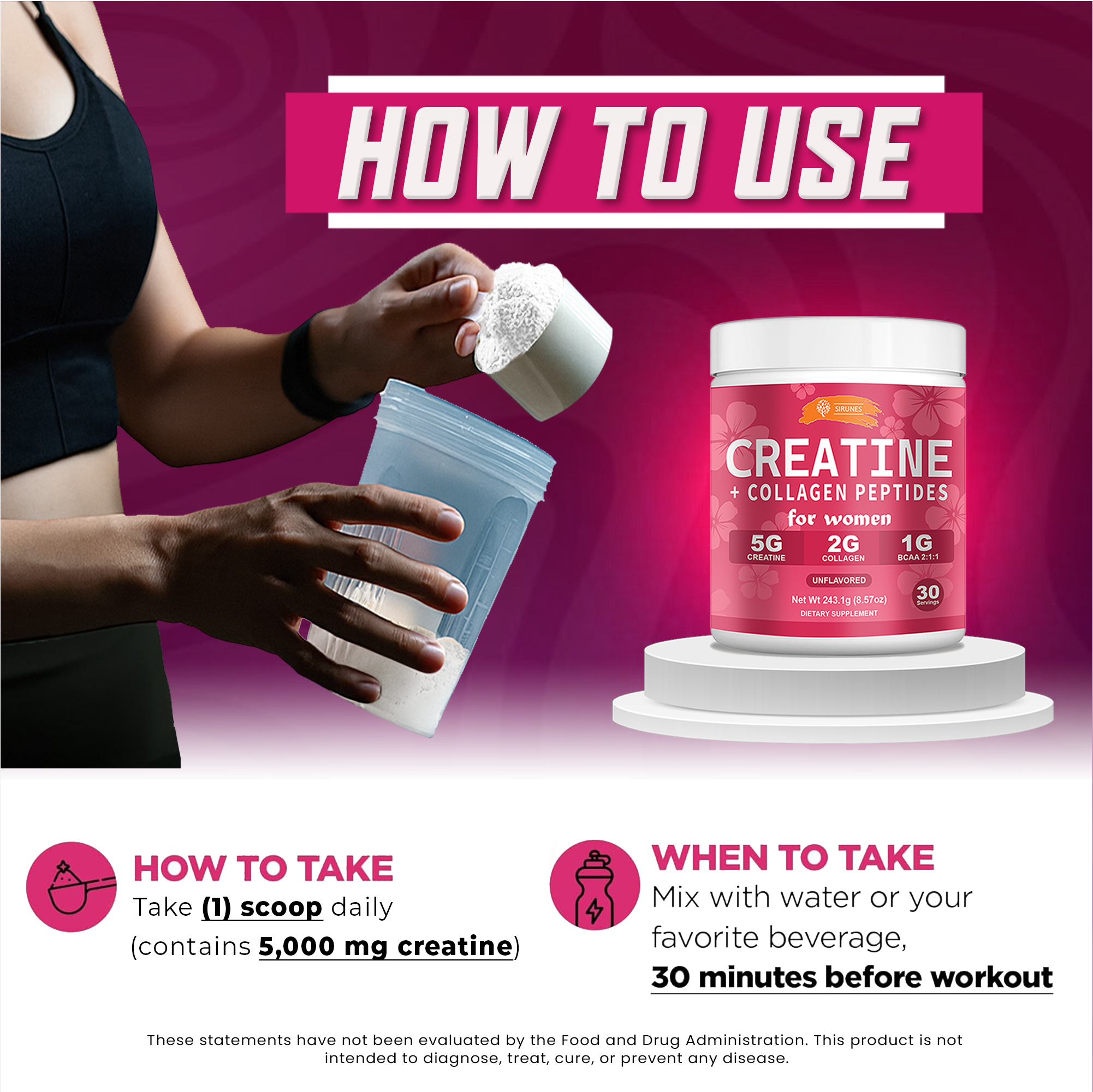 How to use the creatine collagen supplement for women with dosage instructions and serving size details.