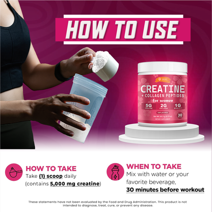 How to use the creatine collagen supplement for women with dosage instructions and serving size details.