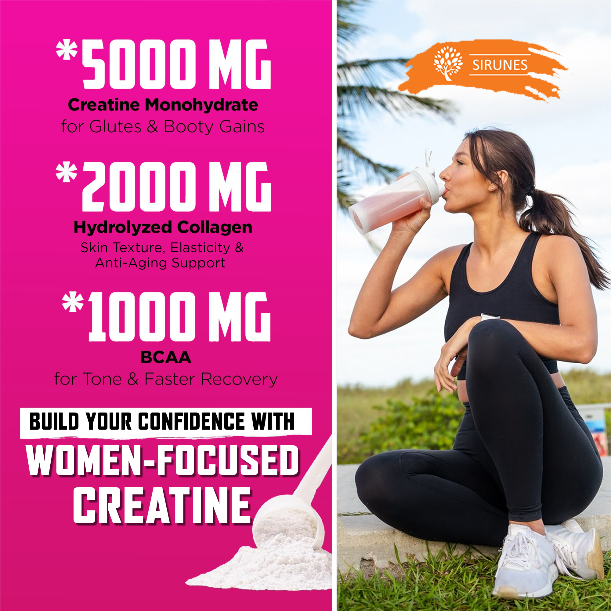 Creatine collagen supplement for women with 5000 mg creatine, 2000 mg collagen, and 1000 mg BCAA for fitness support.