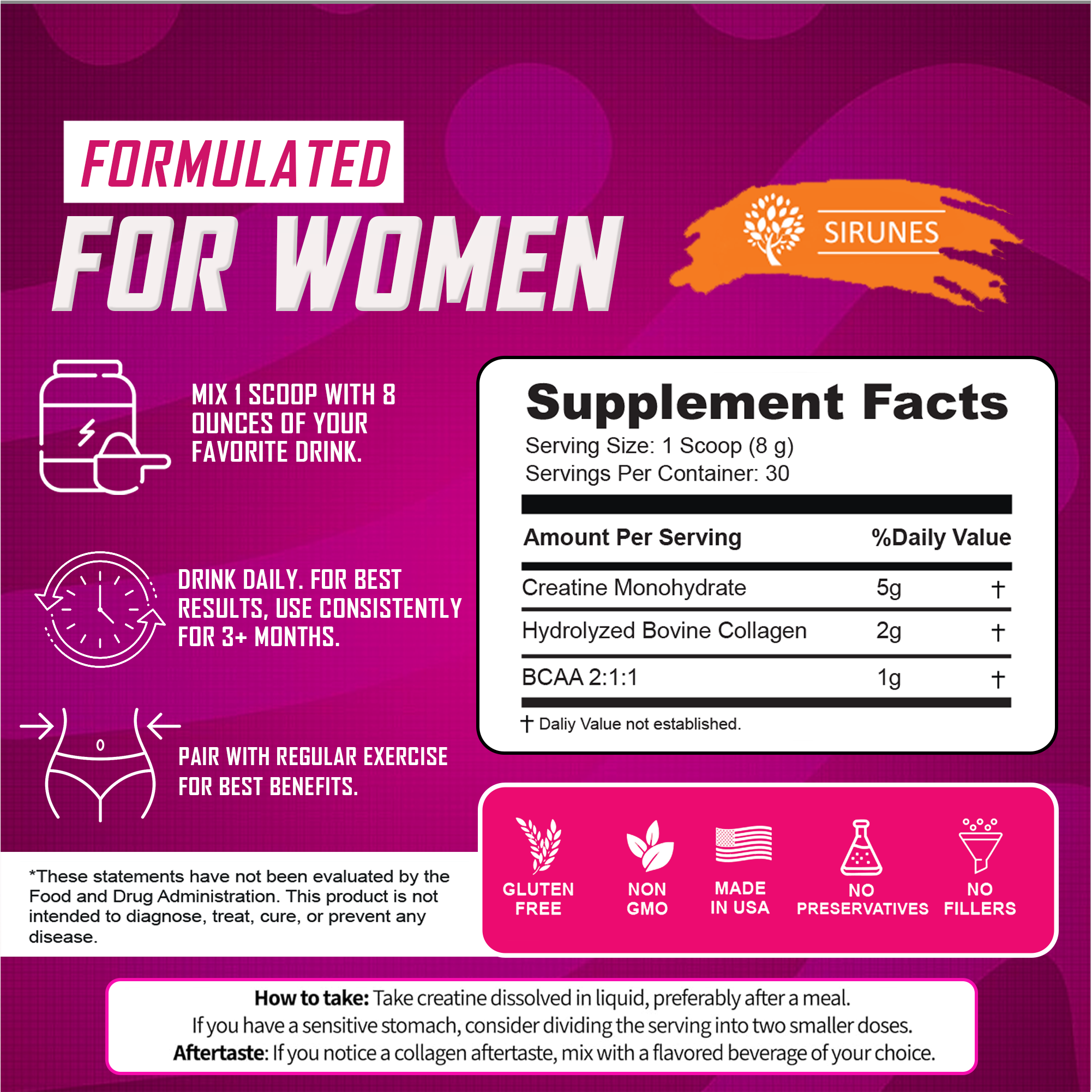Creatine collagen supplement for women supplement facts, showcasing benefits for beauty and fitness.