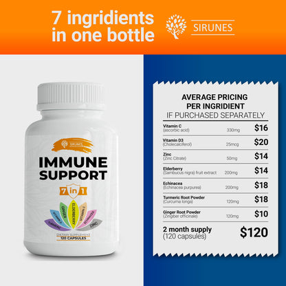 7-in-1 Immune Support Immunity Defense Multivitamin Supplement with Vitamin C and D3-Elderberry-Zinc-Echinacea-Ginger-Turmeric 120 capsules