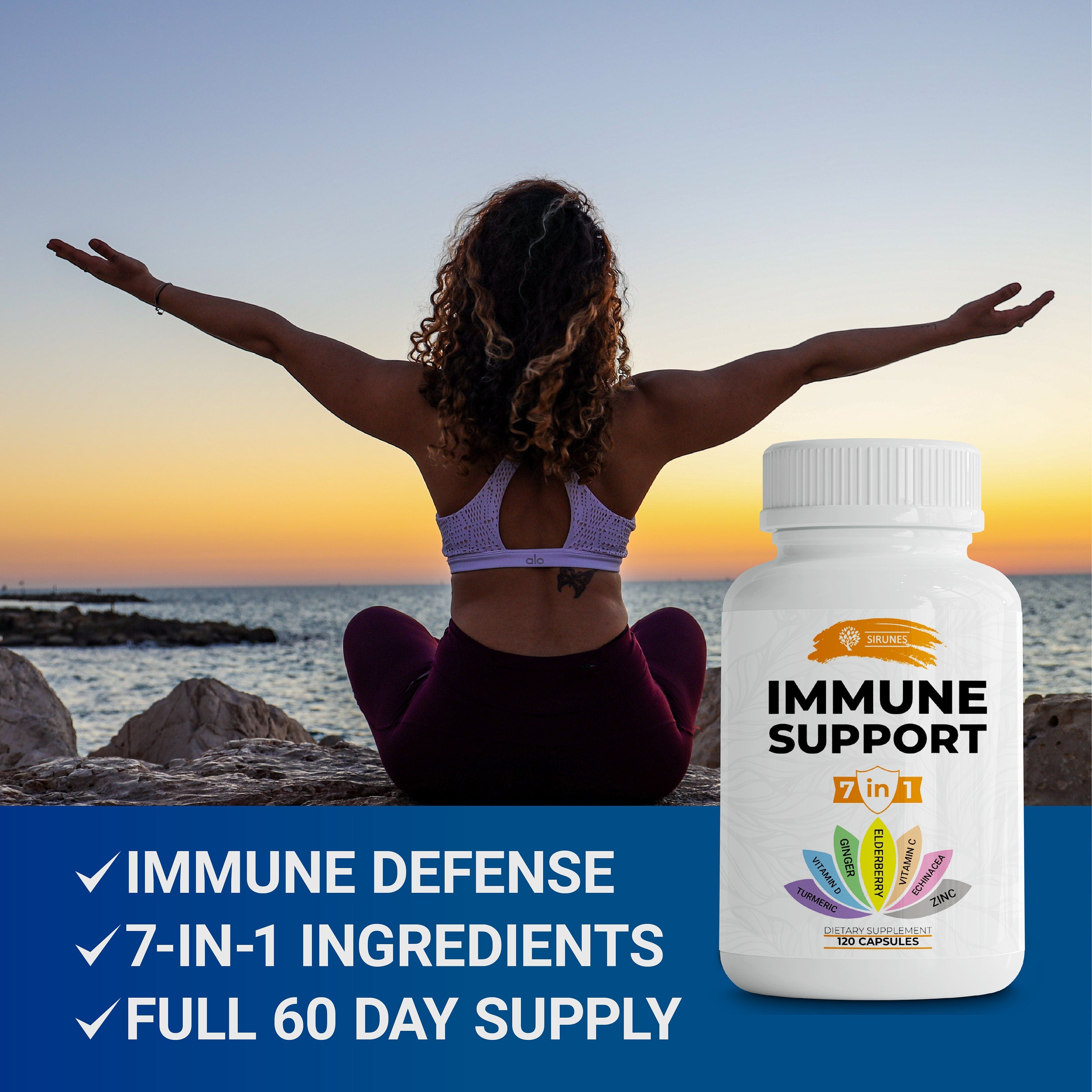 7-in-1 Immune Support Immunity Defense Multivitamin Supplement with Vitamin C and D3-Elderberry-Zinc-Echinacea-Ginger-Turmeric 120 capsules