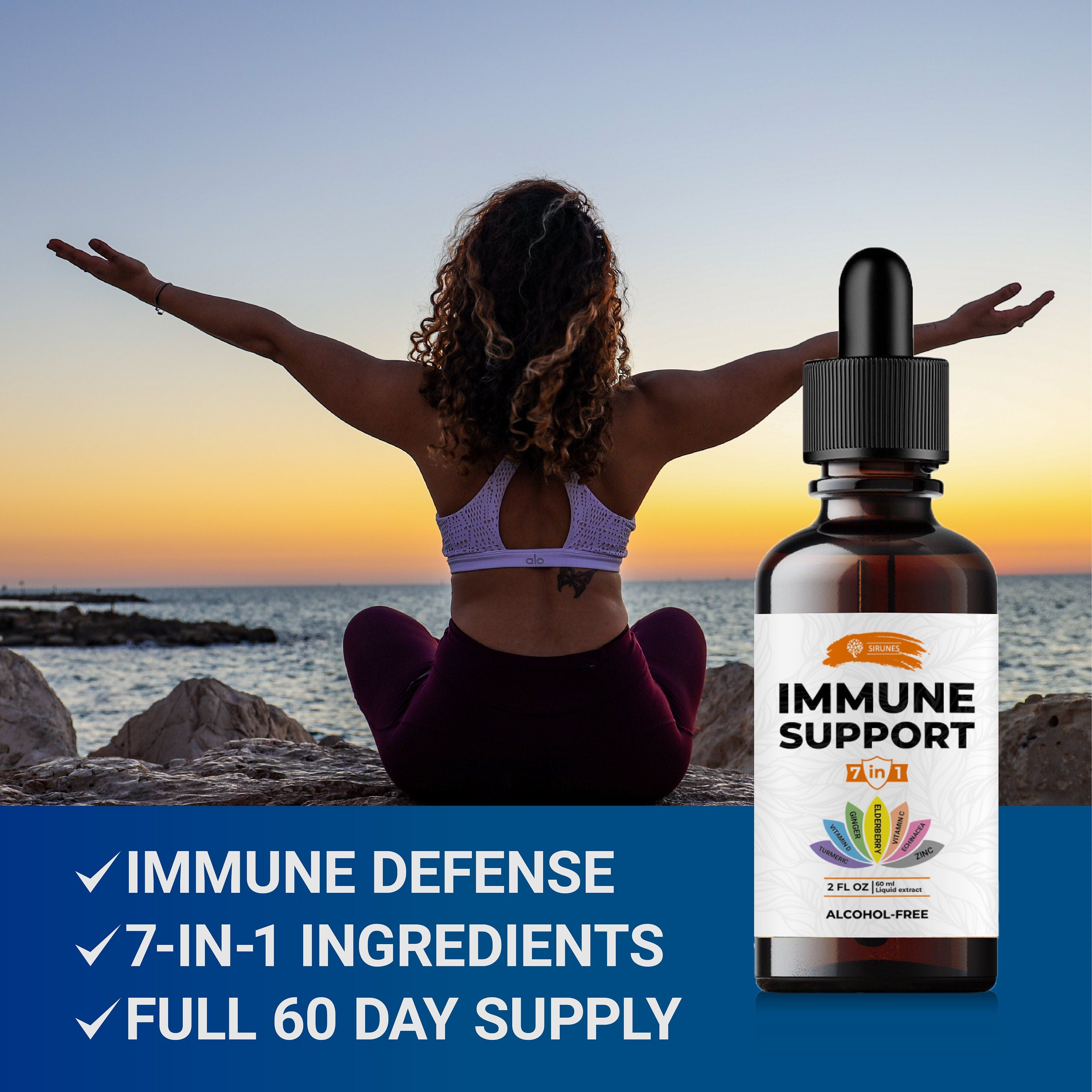 7in1 Immune Defense Zinc Vitamin C D3 Liquid Immune Support with Echinacea Turmeric Ginger and Elderberry - Immunity Respiratory Health 2oz