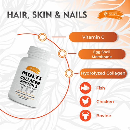 Multi Collagen Peptides Type I, II, III, V, X Hydrolyzed Collagen with Vitamin C - Supports Healthy Hair, Skin, Nails, & Joints 120Caps
